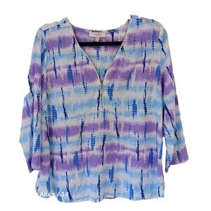 Coral Bay Blouse Women PXL Linen Blend Zip Top Multicolor Long Sleeve